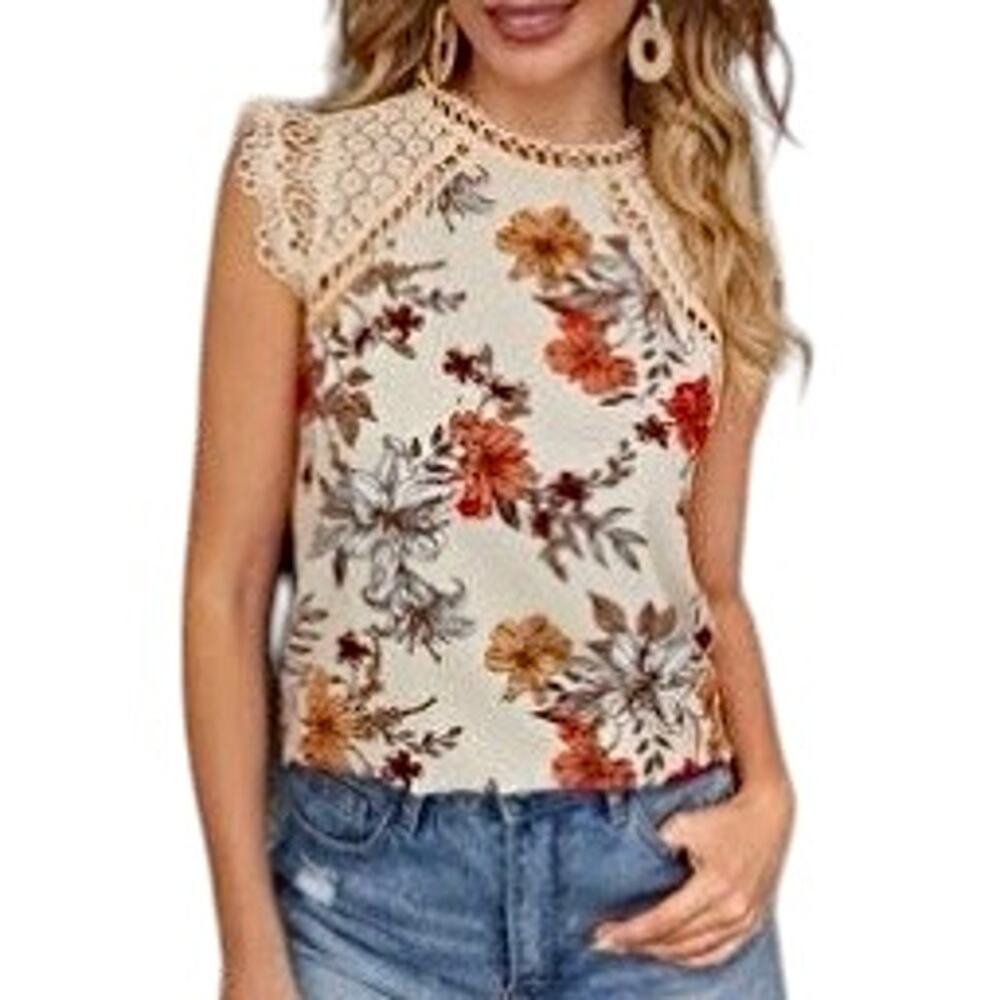 NEW SHEIN Cream Floral Crochet Lace Raglan Sleeve Tank Top size 6 Medium